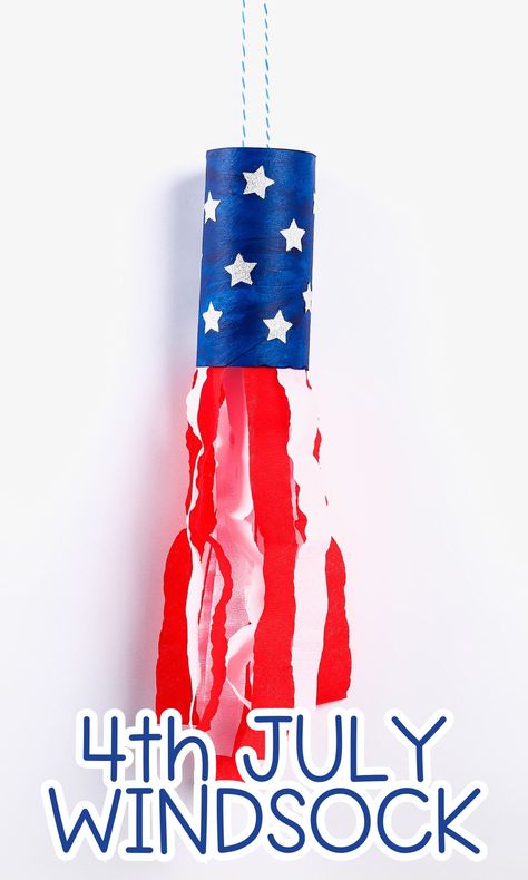 Toilet Paper Roll 4th of july windsock craft - In The Playroom Windsock Craft, Paper Tower, Fireworks Craft, Flag Crafts, 4th July Crafts, July Ideas, Sock Crafts, Paper Plate Crafts, Plate Crafts