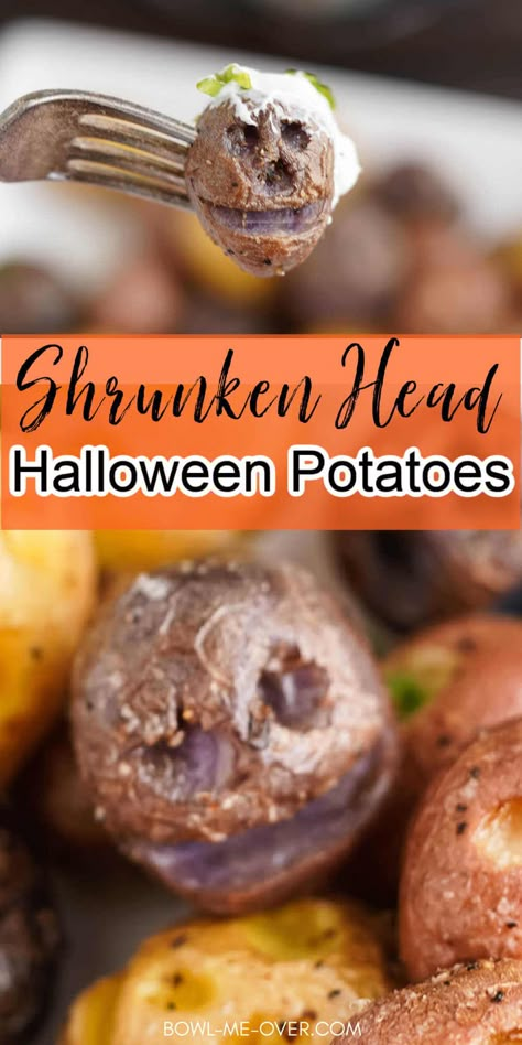 Halloween Potatoe Ideas, Halloween Green Beans, Shrunken Head Potatoes, Halloween Dinner Side Dishes, Halloween Sides Dishes Spooky, Halloween Potato Recipes, Spooky Potatoes, Halloween Potatoes, Meatloaf Halloween