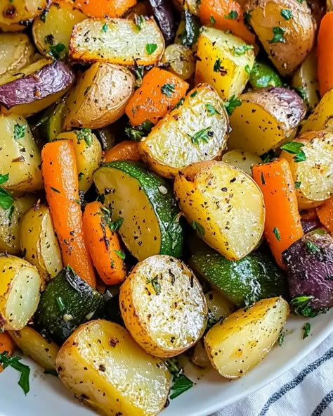 Roasted Potatoes, Carrots, and Zucchini Carrot And Potato Recipes, Roasted Potatoes Carrots, Carrots And Zucchini, Grilled Vegetable Recipes, Roasted Potatoes And Carrots, Veggie Recipe, Herb Roasted Potatoes, Potatoes And Carrots, Roasted Vegetable Recipes