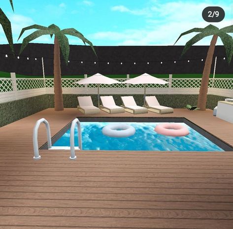 Bloxburg Outside Pool Ideas, Backyard Ideas On Bloxburg, Bloxburg Pools Ideas, Bloxburg Hotel Pool Ideas, Blocksburg Pool Ideas, How To Make A Pool In Bloxburg, Bloxburg Backyard Ideas Aesthetic With Pool, Outdoor Ideas Bloxburg, Pool Ideas In Bloxburg