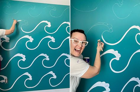 Wall Waves Paint, Beach Accent Wall Ideas, Waves Wall Painting, Painting Waves On Wall, Wall Painting Ideas Ocean Theme, Wave Mural Bedroom, Ocean Mural Bedroom, Waves Mural Nursery, Wave Wall Mural