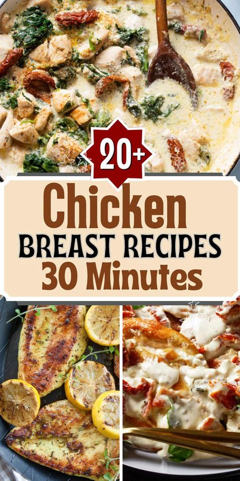 30 Minute Chicken Breast Meals: Quick and Easy Recipes for Busy Weeknights Cooking for the entire family doesn't have to be a daunting task, especially with these 30-minute chicken breast recipes. Chicken Recipes Fast And Easy, Chicken Breast Ideas For Dinner, Easy Dinner Ideas With Chicken Breast, Chicken Breast Recipes For One, Easy Fast Chicken Dinner, Chickenbreast Dinner Recipes, Recipes For Boneless Chicken Breast, Chicken Breast One Pot Meals, Chicken Breast Chunks Recipes