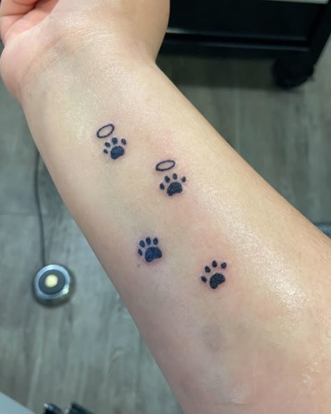 Dog Paw Print With Name Tattoo, Memorial Dog Paw Print Tattoo, Paw With Halo Tattoo, Past Dog Tattoo, Tattoo Ideas For Lost Dog, Dog Halo Tattoo, Puppy Paw Tattoo Ideas, Simple Dog Memory Tattoo, Paw Print With Halo Tattoo