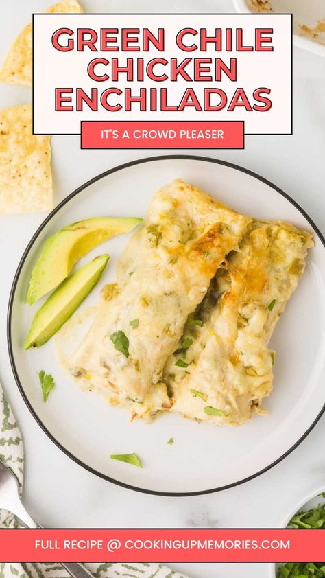 These Green Chile Chicken Enchiladas with Sour Cream are creamy, flavorful, and loaded with tender chicken, tangy green chiles, and a rich sour cream sauce. Perfect for a comforting dinner or family gathering, this easy-to-make recipe is packed with bold, delicious flavors that will leave everyone coming back for more. A must-try for enchilada lovers! New Mexico Green Chile Chicken Enchiladas, Chicken Enchiladas With Green Sauce, Chicken Enchiladas With Sour Cream, Homemade Green Chili, Verde Chicken Enchiladas, Sour Cream Chicken Enchilada Recipe, Green Chili Chicken Enchiladas, Green Enchiladas, Green Chicken Enchiladas