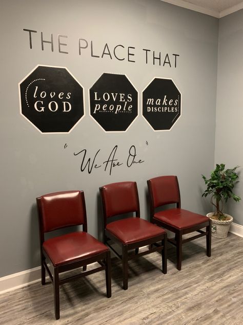 Christian Wall Mural, Fellowship Hall Decor Church, Small Church Lobby Design, Church Event Decorations, Church Bathroom Decor, Church Office Decor, Church Foyer Decor, Church Room Ideas, Church Fellowship Hall Decor