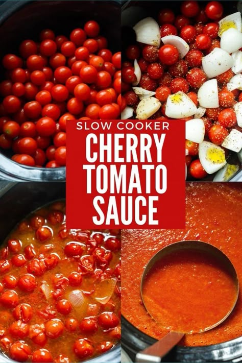 Sauce In Crockpot, Crockpot Sauce Recipes, Tomato Sauce From Frozen Cherry Tomatoes, Tomato Sauce In Crock Pot, Grape Tomato Canning Recipes, Slow Cooker Cherry Tomato Sauce, Grape Tomatoes Sauce, Canned Cherry Tomato Sauce, Canning Cherry Tomatoes Sauce