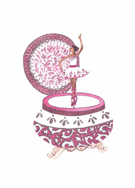 Music Box Illustration, Music Box Drawing, Christmas Illust, Dancer Illustration, Oc Creation, Ballerina Box, Ballet Illustration, Music Box Ballerina, Pink Music