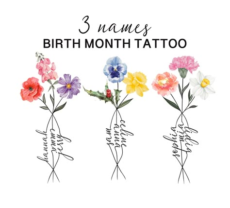 Birth Flower Tattoo, Tattoo design, Flower Bouquet , Personalizable Gifts This custom family birth flower bouquet is the perfect anniversary gift! This illustration of flowers is customized with your birth flowers/months of your choice. It is a digital design, this allows you to print it yourself as a poster, use it as a birth flower tattoo design, make a pillow with your favorite flower, a mug and much more. ✿ Simply select the print size, the number of flowers in one work, the names of the selected flowers from 24 options. Specify whether it is to be an illustration for a wall or a digital file used for other things such as: tattoo, production of a personalized mug, pillow, etc. ✿ Orders will ship within 1-2 business days. All of our products qualify for a 100% PLEASE NOTE THIS IS A DIGI Birth Follower Tattoo, Birth Flower Matching Tattoos, 3 Name Birth Flower Tattoo, 3 Flower Tattoo Design, Month Birth Flowers Tattoo Ideas, Kids Birth Flower Tattoo, 3 Birth Flower Bouquet Tattoo, Birth Flowers With Names Tattoo, Birthstone Tattoos