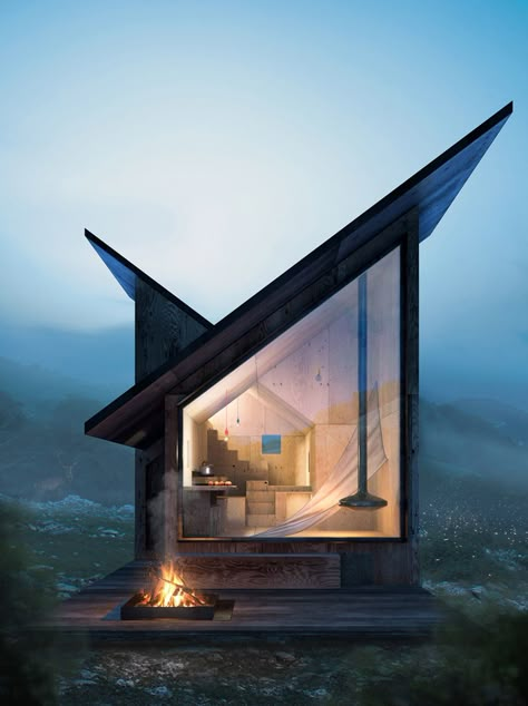 Prefabricated tiny architectural designs that prove this trend is the future of modern architecture! | Yanko Design Windows Fireplace, Mountain Backdrop, Plans Architecture, Misty Mountain, Duplex House Design, Minimalist House Design, Duplex House, Tiny Cabin, Modern Cabin