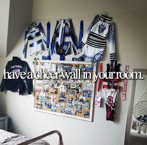 Cheer Room Ideas Bedrooms, Cheer Room Ideas, Cheer Decorations Room, Room Ideas For Cheerleaders, Cheer Wall Ideas, Cheerleading Room Ideas, Cheer Bedroom Ideas, Cheerleader Room Ideas, Cheer Themed Bedroom