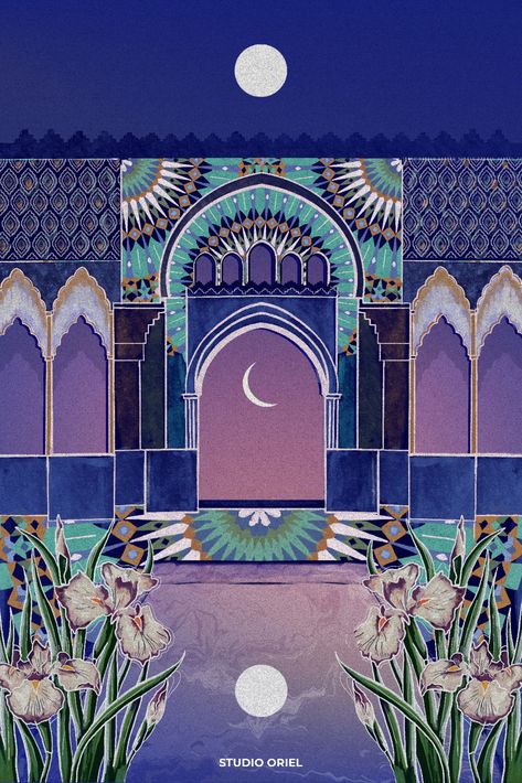 The Midnight in Andalucia Poster is inspired by the interior courtyards of the Royal Alcazar of Seville, a Moorish palace in southern Spain that dates back to the 11th century, as well as Moroccan architecture. Studio Oriel combines illustration, animation and interactivity to design beautiful art for the home, including abstract wall prints and travel inspired prints for beautiful interiors, living rooms and gallery walls, the perfect homeware gift. Morocco | North Africa | Marrakesh Marrakesh Illustration, Moorish Art, Ramadan Dates, Morocco Art, Moroccan Architecture, Diy Paintings, Moorish Design, Moroccan Interiors, Moroccan Art