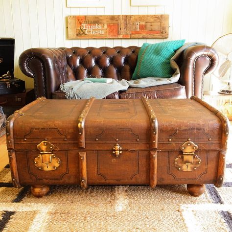 VINTAGE STEAMER TRUNK CHEST banded railway LUGGAGE suitcase COFFEE TABLE storage Travel Trunk Coffee Table, Diy Storage Trunk, Steamer Trunk Coffee Table, Rustic Industrial Furniture, Vintage Steamer Trunk, Trunk Coffee Table, Pine Coffee Table, Antique Trunk, Coffee Table Trunk