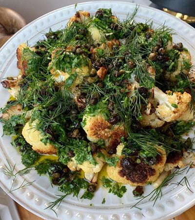 Eden Grinshpan's Charred Cauliflower Recipe with Currant Chimichurri Eden Eats, Eden Grinshpan, Charred Cauliflower, Fried Capers, Preserved Lemon, Cauliflower Recipe, Vegetarian Side Dishes, Cauliflower Recipes, Side Recipes