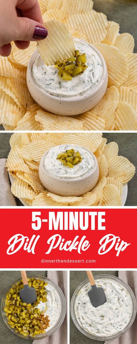 My Dill Pickle Dip turns a jar of pickles into the ultimate cool, creamy party dip in just 5 minutes! Perfect with crunchy salty potato chips! Creamy Dill Pickle Dip, Last Minute Side Dishes Parties, Easy Dill Pickle Dip, Fill Pickle Dip, Easy Pickle Dip, Dill Pickle Fries, Dill Pickle Charcuterie Board, Pickle Side Dishes, Dill Pickle Dip With Sour Cream