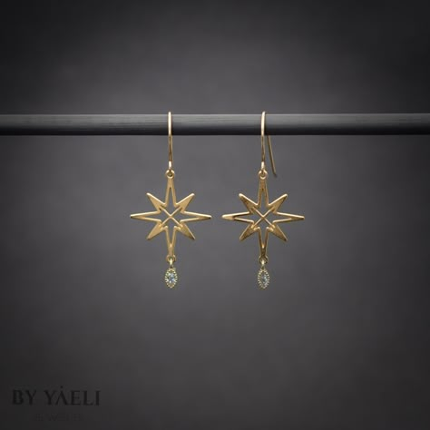 "You'll shine when you will wear this celestial dangle earrings. This dangle north stars with hanging zircon stone is perfect to wear at work, holidays, and even for a party. ★Comes in our signature gift box, ready for gift giving. ★ Available in Gold [ gold-filled ear wires & gold plated brass & zircon stone ] ★ Earring size (star+zircon) 1\"x0.80\". Thanks for shopping at ByYaeli♥ All images, texts & products are property of ByYaeli ©2020" Gold Star Earrings Dangle, Unique Earrings Gold, Gold Star Earrings, Holiday Accessories, Gold Skull, Goth Jewelry, Zircon Jewelry, Fan Earrings, Earrings Inspiration