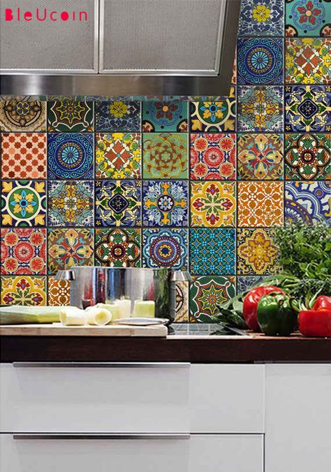 Mismatched tiling, it looks so easy but you can bet it's not. 26 Insanely Adventurous Home Design Ideas That Just Might Work Mexican Talavera Tile, Flooring For Stairs, Rental Kitchen, Kabinet Dapur, Talavera Tiles, Mexican Talavera, Tile Decals, Subway Tiles, Stick On Tiles