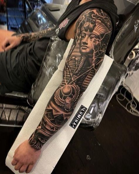 Egyptian Arm Tattoo, Ancient Egypt Tattoo, Egyptian Sleeve, Egypt Tattoo Design, Portrait Tattoo Sleeve, Ocean Sleeve Tattoos, Pyramid Tattoo, Tattoo Ideas Males, Half Sleeve Tattoos Forearm