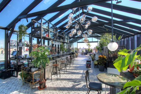 Herbārijs is a concept bar + café on the rooftop terrace of Galleria Riga. Interior design @kirson_design_group Roof Cafe Decor, Luxury Bar Design, Gazebo Bar, Simple Apartment Decor, Garden Trellis Ideas, Rooftop Restaurant Design, Home Decor Business, Wine Bar Restaurant, Cozy Bedroom Decor