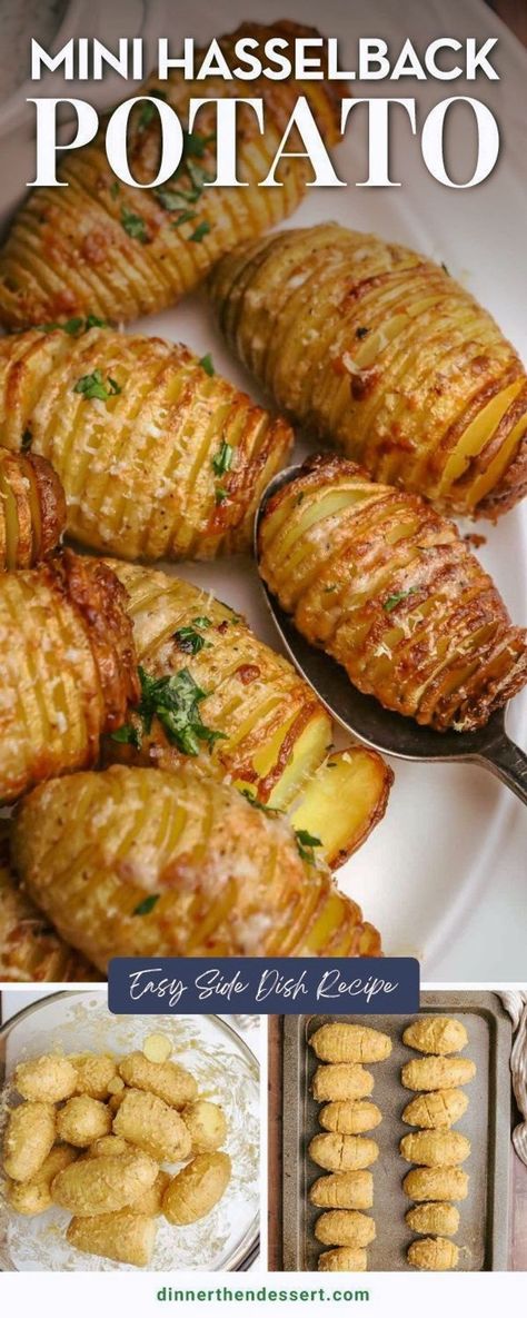 Mini Hasselback Potatoes are crisp, tender and buttery potatoes roasted with garlic and cheese. A perfect side dish for a busy weeknight! This simple delicious potato Side Dish is a cross between classic Baked Potatoes and Roasted Potatoes. Mini Hasselback Potatoes, Small Potatoes Recipe, Garlic Baked Potatoes, Potato Side Dishes Easy, Buttery Potatoes, Potato Side Dish, Potatoes Roasted, Potatoes In Oven, Roasted Vegetables Oven