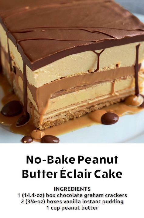 No-Bake Peanut Butter Éclair Cake – Page 2 – 99easyrecipes Peanut Butter Eclair Cake, Peanut Butter Eclair, Eclairs Dessert, Eclair Cake Recipes, Eclair Recipe, Cookie Deserts, Icebox Cake Recipes, Eclair Cake, American Desserts