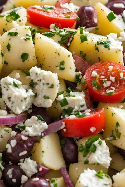 Salad Dairy Free, Greek Potato Salad, Vegan Greek, Vegan Feta Cheese, Greek Potatoes, Types Of Potatoes, Salad Vegan, Vegan Potato, Healthy Ingredients