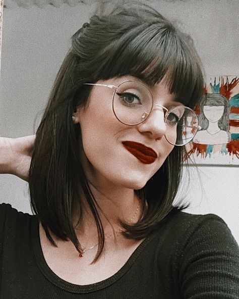 Short Bangs Glasses, Bob With Glasses, Haircut Glasses, Bangs Glasses, Bangs And Glasses, Straight Long Bob, Gothic Hair, Gothic Hairstyles, Short Bangs