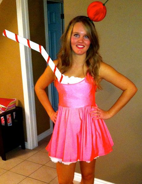 Strawberry Milkshake Milkshake Costume, Milk Maid Halloween Costume, Milkshake Halloween Costume, Milk Maid Dress Costumes, Pink Drink Halloween Costume, Strawberry Custome Halloween, Halloween 2015, Dress Halloween Costume, Group Costumes