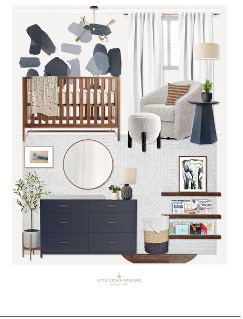 Nursery Walnut Crib, Nursery With Navy Accents, Navy Accent Nursery, Nursery With Blue Crib, Nursery With Dark Wood Crib, Navy Grey Nursery, Grey And Natural Wood Nursery, Dark Grey Crib Nursery, Navy And Wood Nursery