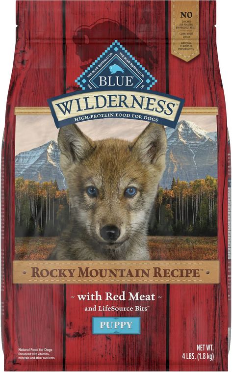 BLUE BUFFALO Wilderness Rocky Mountain Recipe with Red Meat Puppy Grain-Free Dry Dog Food, 4-lb bag - Chewy.com Senior Dog Food Recipes, Wolf Life, Red Meat Recipes, Free Puppies, Natural Dog Food, Blue Buffalo, Best Dog Food, Puppy Food, No Rain