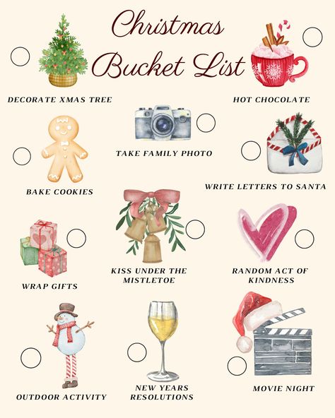 Christmas Season To Do List, Christmas Bucketlist Ideas, Xmas To Do List, Christmas Checklist Things To Do, Bucket Checklist, New Year Bucket List, December Bucket List, Christmas Bucket List Printable, Christmas Date Ideas