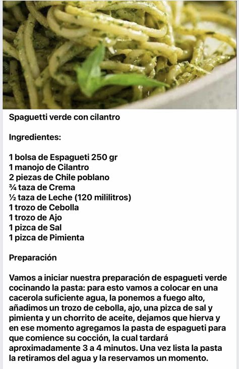 Green Espagueti, Pasta Verde Chile Poblano, Green Spaghetti Recipe, Ramen Recipes Easy, Chilean Recipes, Green Spaghetti, Homemade Cookbook, America Food, Amazing Food Decoration