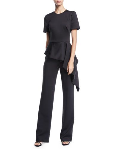 Peplum Pantsuit, Jumpsuit Satin, Peplum Jumpsuits, Teal Pants, Plaid Skirt Outfit, Black Ankle Pants, Long Black Coat, Designer Jumpsuits, Black Halo