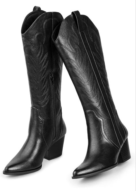 Black boots | cowgirl boots | heel boots | amazon shoes | shoe styles | tall boots | women’s shoes | Women’s boots | holiday wishlist Knee High Cowboy Boots, Cowboy Boots For Women, Country Outfit, Black Cowgirl, White Cowboy Boots, Outfit Retro, Black Cowboy Boots, Black Cowboy, Stylish Boots