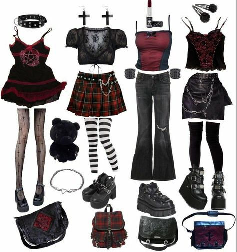 Black And Red Clothing Aesthetic, Dark Love Core Outfits, Red Gothic Clothes, Aesthetic Goth Clothes, Outfit Ideas Goth Aesthetic, Red Hair Goth Aesthetic, Valentines Day Goth Outfit, Punk Gothic Outfits, Cute Goth Outfits Aesthetic