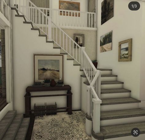 One Floor Houses Bloxburg, Bloxburg Small Home Exterior, Bloxburg House Ideas Exterior Cottage Core, Bloxburg Stair Case Ideas, Bloxburg House Ideas Stairs, Bloxburg Family Home Interior, Bloxburg House Inspo Realistic, Bloxburg House Stairs, Egwynox Profile