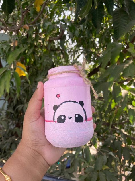 Panda Bottle Painting, Cartoon Bottle Painting, Cartoon Bottle Art, Nutella Bottle Art, Diy Bottles, Painted Glass Bottles, Ayushmann Khurrana, Bottle Diy, Jar Art