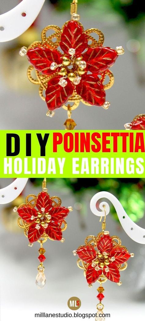 Holiday Earrings Diy, Diy Christmas Jewelry, Holiday Jewelry Ideas, Flower Earrings Diy, Magic Earrings, Poinsettia Earrings, Beaded Ornaments Diy, Jewelry Tutorials Free, Jewellery Tutorial