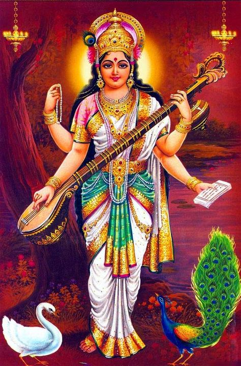 Maa Saraswati In Standing Position Jay Maa Saraswati, Saraswati Vandana, Saraswathi Devi, Ma Saraswati, Saraswati Mata, Maa Saraswati, Hindu Goddesses, Saraswati Photo, Basant Panchami