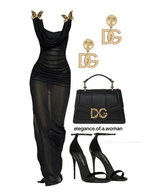 Black Dress Gold Heels Outfit, All Black Dress Outfit Classy, Black And Gold Outfit Classy, Dinner Outfits Black Women, Glam Outfit, Ootd Inspo, Fashion Vocabulary, Classy Work Outfits, Mode Inspo