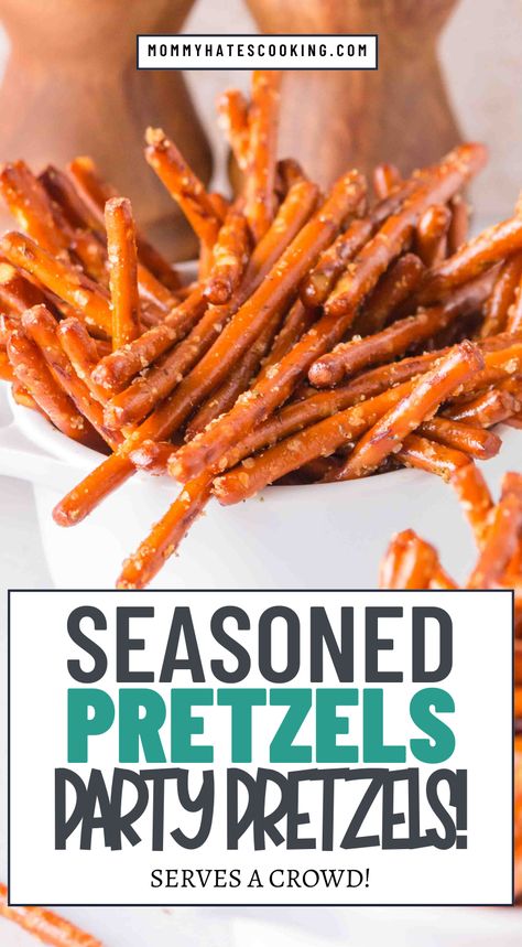 seasoned pretzels Recipe For Pretzels, Pretzel Sticks Recipe, Seasoned Pretzels, Pretzel Recipe, Quick Treats, Party Snack Food, Pretzels Recipe, Crowd Pleasing Recipes, Pretzel Sticks