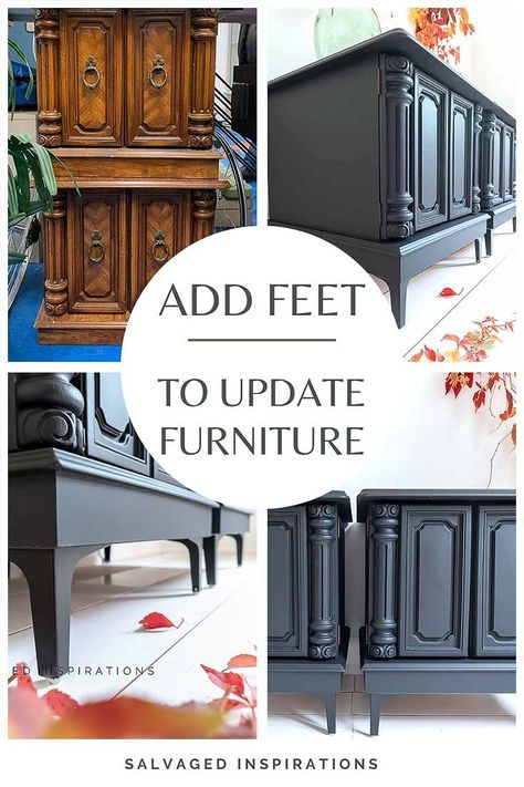 Adding Feet to Furniture - Salvaged Inspirations Add Feet To Furniture, Add Legs To Bookcase, Adding Feet To Dresser, Add Feet To Dresser, Adding Legs To Furniture, Furniture Feet Ideas, Furniture Flipping Ideas Inspiration, Painting Furniture Ideas, Dressers Painted