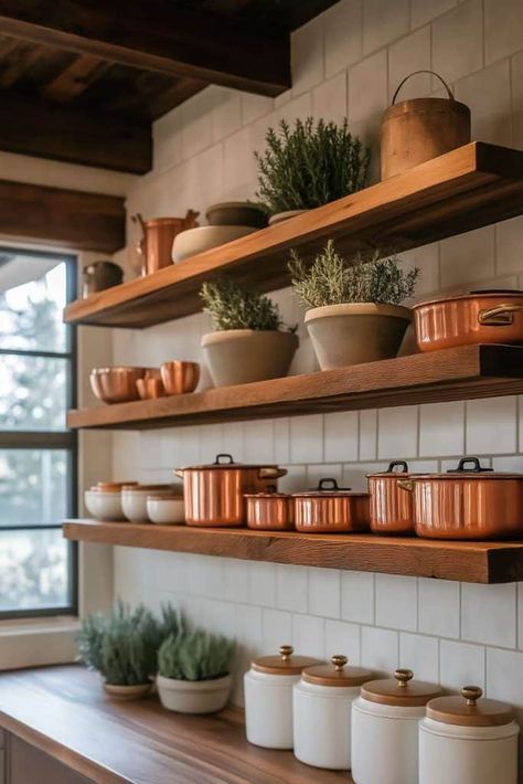 Chunky Floating Shelves, Ideas For Floating Shelves, Open Shelf Decor, Kitchen Shelves Decor, Warm Wood Kitchen, Kitchen Open Shelf, Modern Kitchen Shelves, Kitchen Shelf Decor Ideas, Rustic Kitchen Shelves