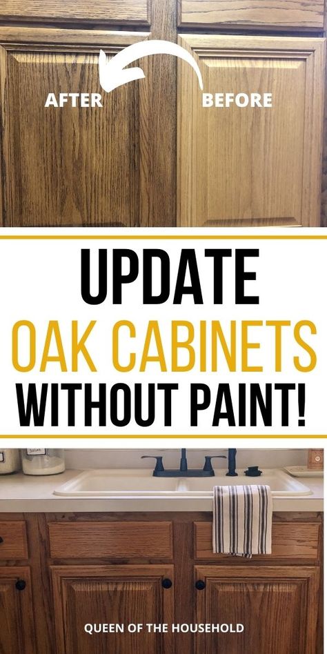 How to update oak cabinets without paint Update Oak Cabinets, Updating Oak Cabinets, Stained Kitchen Cabinets, Update Kitchen Cabinets, Honey Oak Cabinets, Update Cabinets, Oak Cabinet, Oak Trim, Oak Kitchen Cabinets