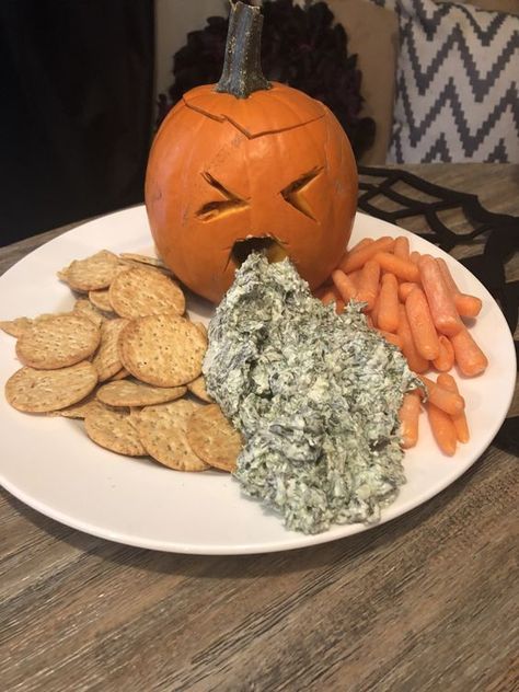 Throw Up Pumpkin, Puking Pumpkin, Menu Halloween, Birthday Pumpkin, Up Pumpkin, Pumpkin Dip, Halloween Menu, Spinach Dip Recipe, Pumpkin Carving Party