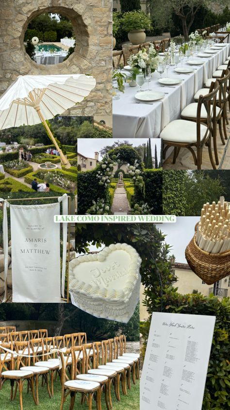 Wedding day mood board | Italy inspired wedding | wedding day welcome sign | wedding day cake | white heart shaped wedding day cake | just married cake | umbrella ceremony | ceremony bows | ceremony chairs | seating chart | garden wedding | lake como | Italy | wedding day | all white wedding florals | Italy Wedding Seating Chart, White Wedding Umbrella, Italian Garden Theme Wedding, European Garden Wedding Aesthetic, Garden Wedding Mood Board, Summer 2025 Wedding, Wedding Italy Aesthetic, Bridal Shower Venue Ideas, Nemacolin Wedding