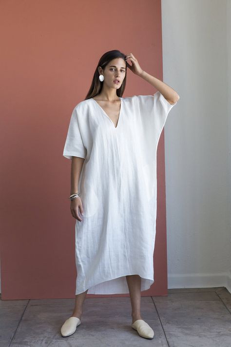 Rachel Craven Linen Long V-neck Caftan Maxi Dress Summer, Linen Fashion, Neck Women, Industrial Table, Table Ideas, Dress Sewing Patterns, 가을 패션, Linen Dresses, Linen Clothes