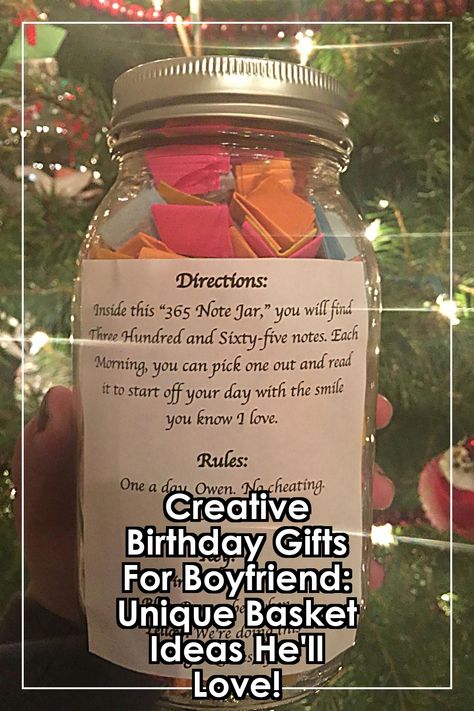 Discover the perfect way to surprise your boyfriend with our creative birthday gifts for boyfriend baskets. From gourmet treats to personalized items, these unique basket ideas are designed to delight and impress. Whether he loves snacks, self-care, or hobbies, our curated selections cater to every interest. Make his special day unforgettable with a thoughtful gift that shows how much you care. Explore our innovative ideas and create a memorable birthday experience! Birthday Gifts For Boyfriend Baskets, Creative Birthday Gifts For Boyfriend, 365 Note Jar, Gifts For Boyfriend Unique, Boyfriend Birthday Ideas, Surprise Your Boyfriend, Perfect Gift Basket, Birthday Gift Basket, Surprise Boyfriend