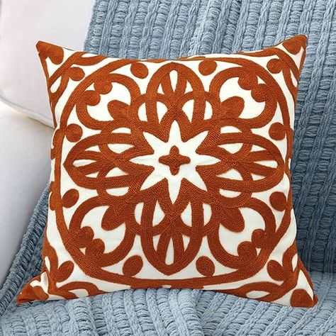 Amazon.com: Alysheer Embroidered Decorative Throw Pillow Cover 18x18, Cozy Fashion Mandala Knit Pattern, Soft 100% Cotton Canvas Light Blue Cushion Case for Sofa Couch Bedroom (Baby Blue) : Home & Kitchen Light Blue Cushions, Sofa Couch Living Room, Couch Office, Couch Living Room, Orange Cushions, Stay Soft, Living Room Orange, Boho Mandala, Embroidered Throw Pillows