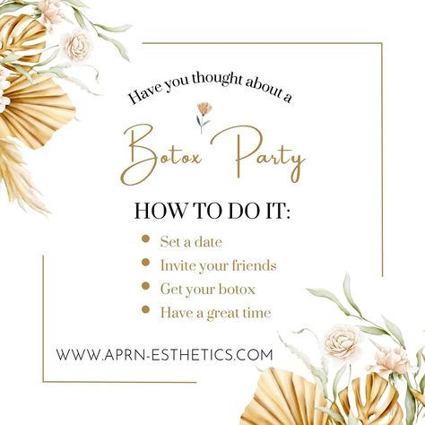 What could be more fun than getting Botox with your best gals…you know you all want to try it. Host a party and get a discount on your injection and a free gift! Botox Marketing Ideas, Botox And Bubbly Party, Spa Marketing, Pop Up Event, Med Spa, Marketing Ideas, Host A Party, Try It, Beauty Care