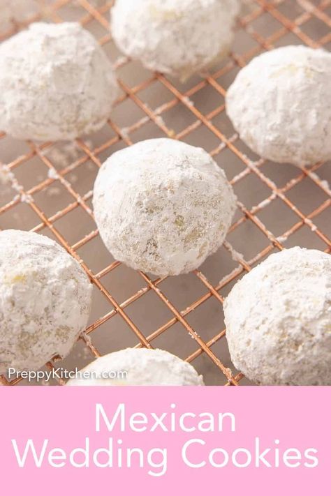 Sweet and buttery, these Mexican Wedding Cookies are shortbread bites filled with pieces of pecans in every bite. These wedding cookies are so simple and take only six ingredients to make. Perfect for any occasion, but especially the holidays, these little snowball-like cookies will practically melt in your mouth! Mexican Wedding Cookies Pioneer Woman, Pecan Wedding Cookies, Wedding Cookies Simple, Simple Wedding Cookies, Mexican Wedding Cake Cookies, Mexican Wedding Cakes, Russian Teacakes, Mexican Wedding Cookies Recipes, Middle Eastern Wedding